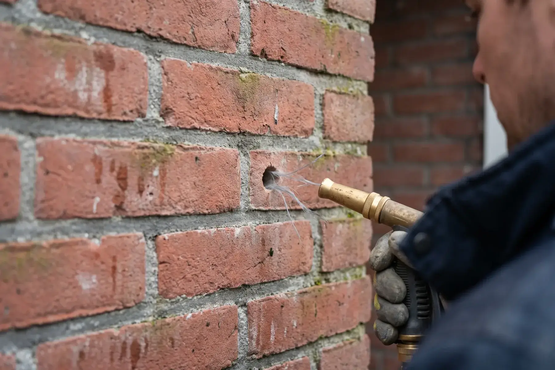 Boorgat in de voeg van een bakstenen spouwmuur met een inblaaslans ervoor