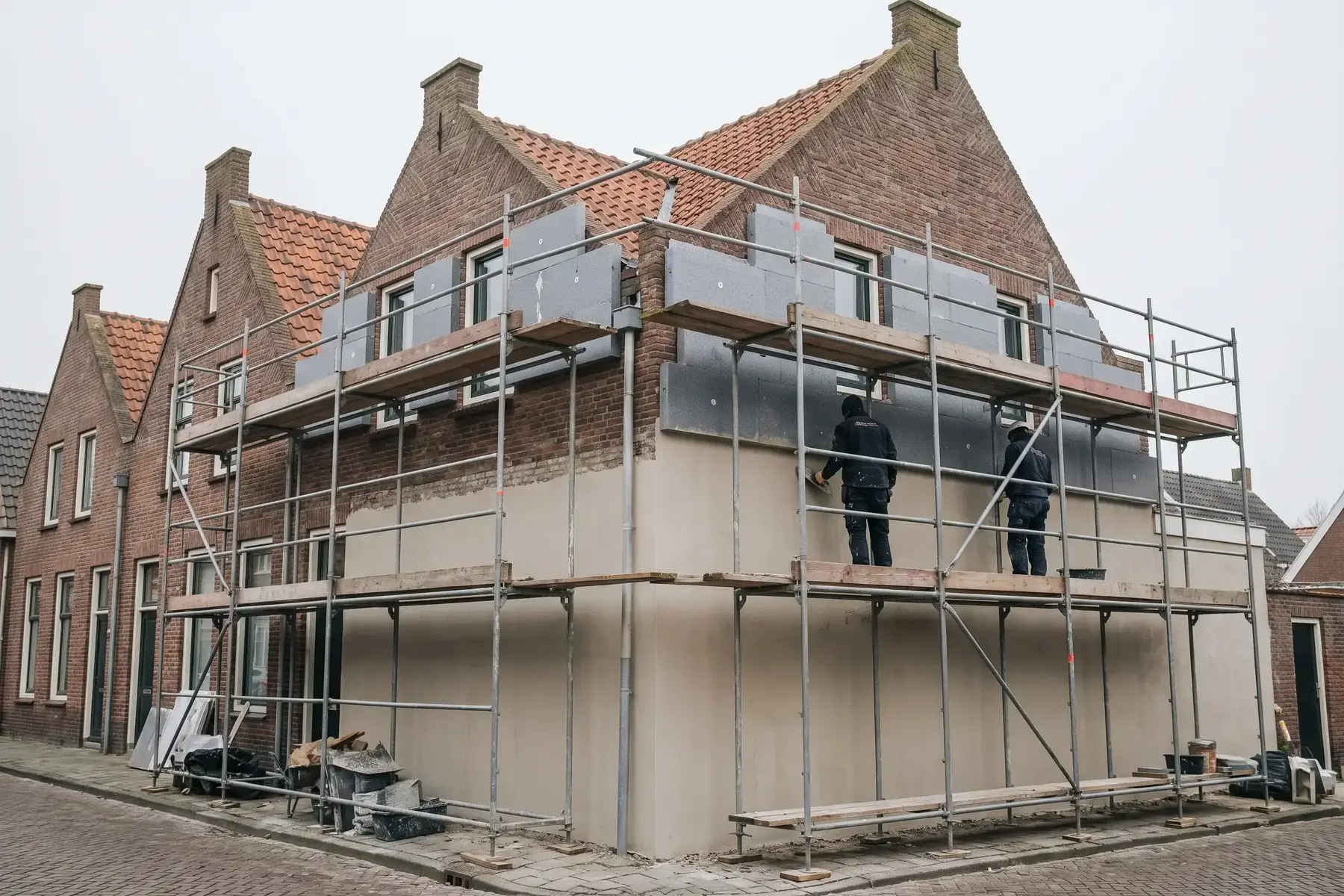 Hoekwoning in de steigers waarbij de buitengevel wordt geïsoleerd met platen en een stuclaag