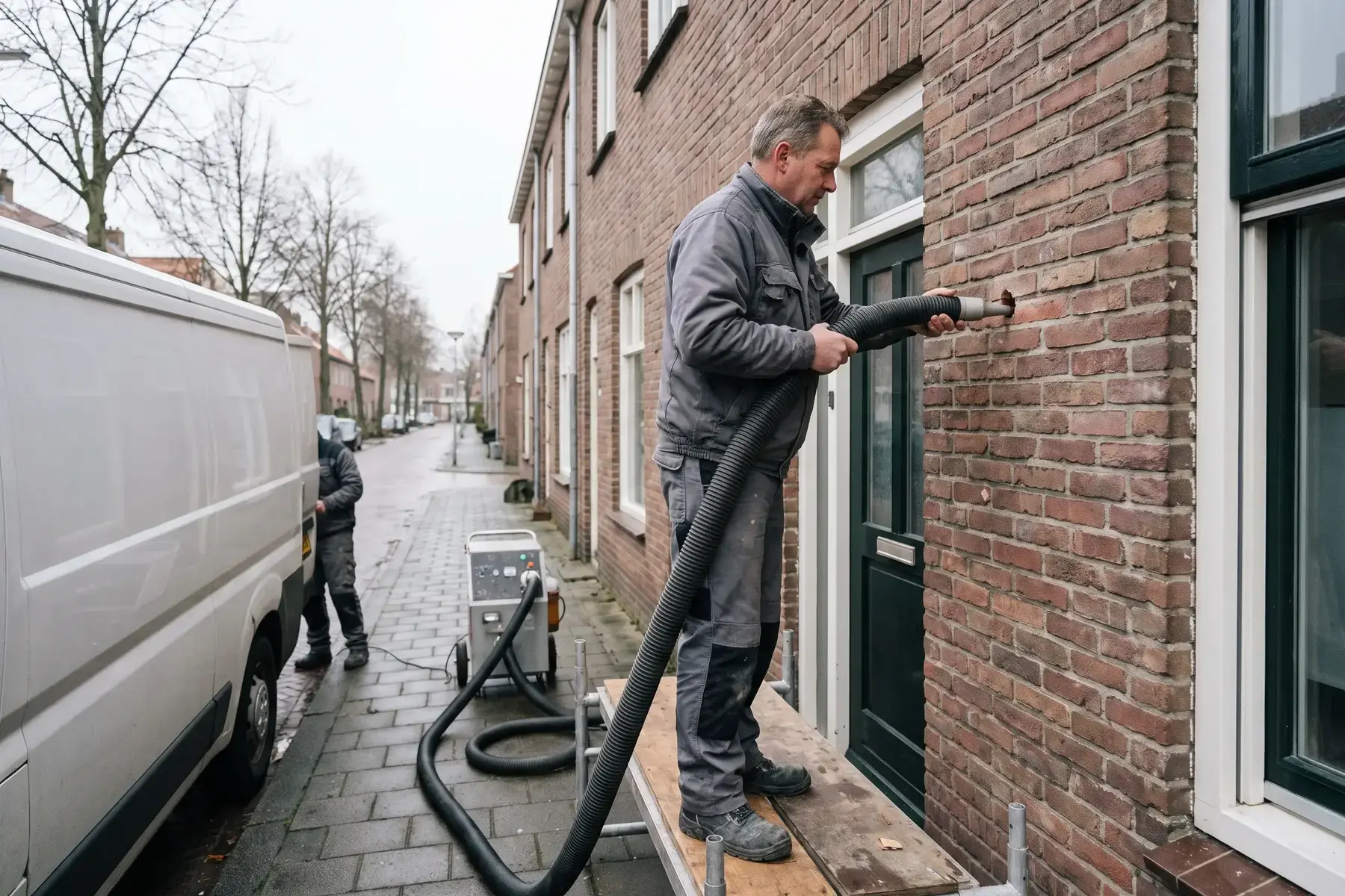 Monteur blaast isolatiemateriaal door een boorgat in de voeg van een bakstenen gevel, met slang en inblaasmachine op de stoep