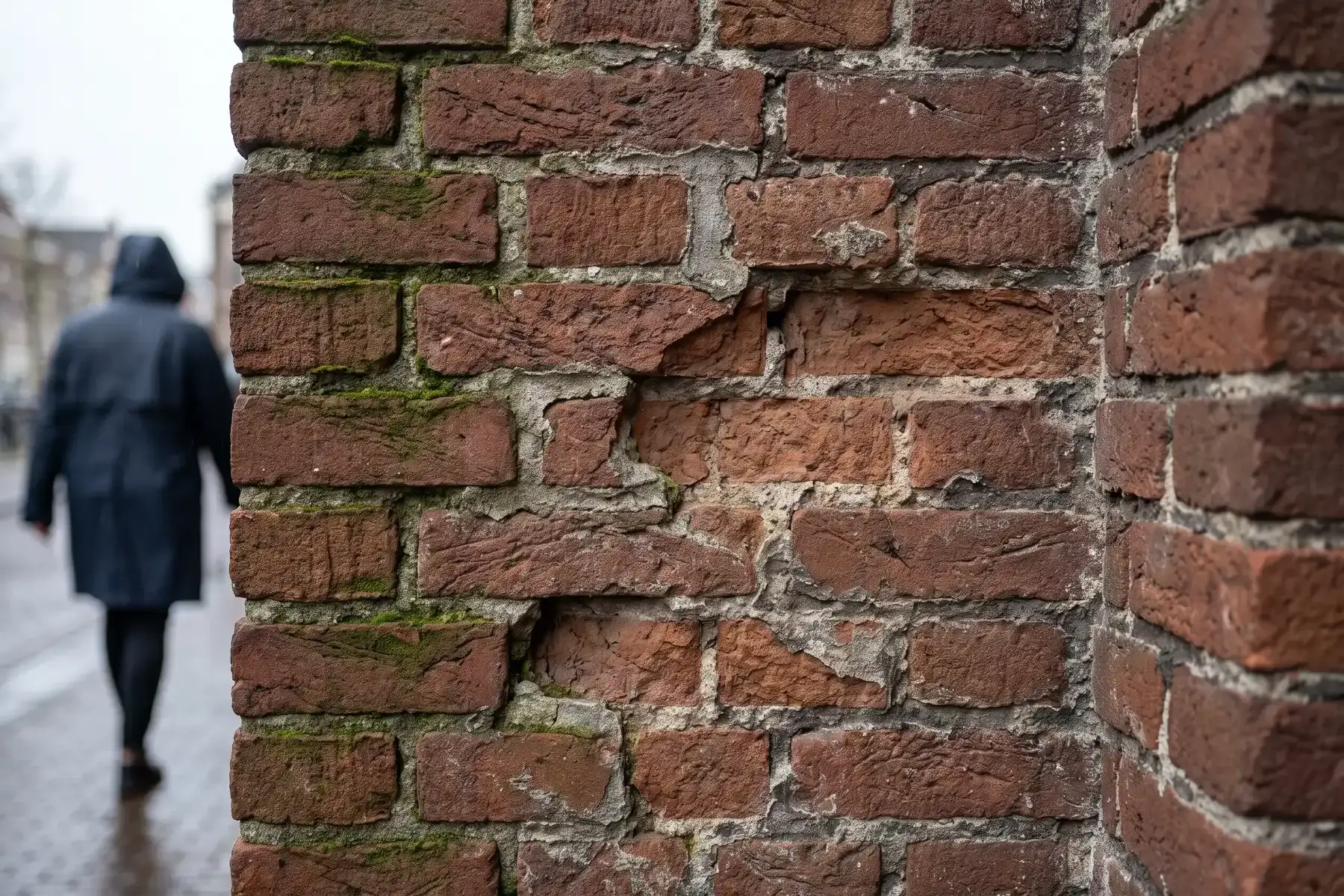 Verweerd voegwerk met losse stenen op een hoek van een oude bakstenen gevel