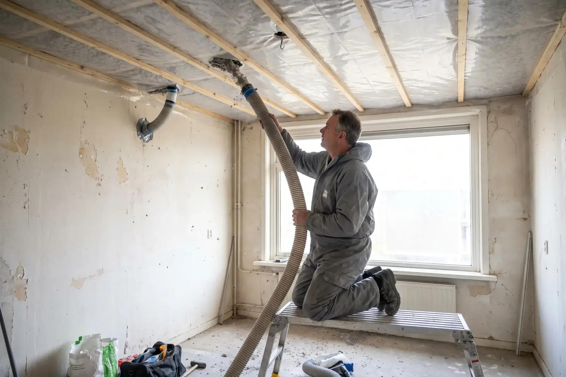 Monteur blaast cellulose-isolatie in een gesloten plafond onder een plat dak