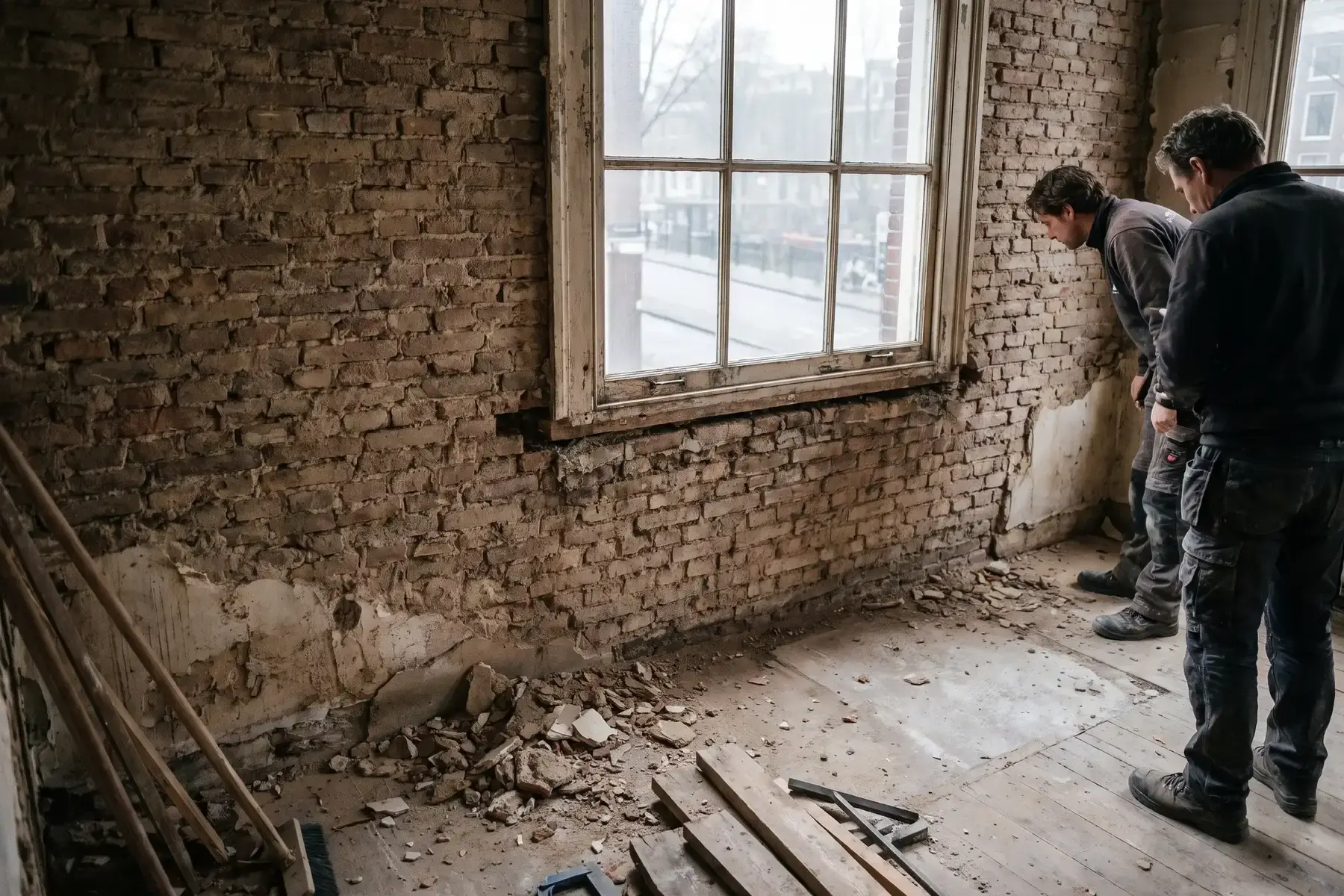 Kale enkelsteens bakstenen binnenmuur bij een raam, waar twee mannen de staat van de muur beoordelen