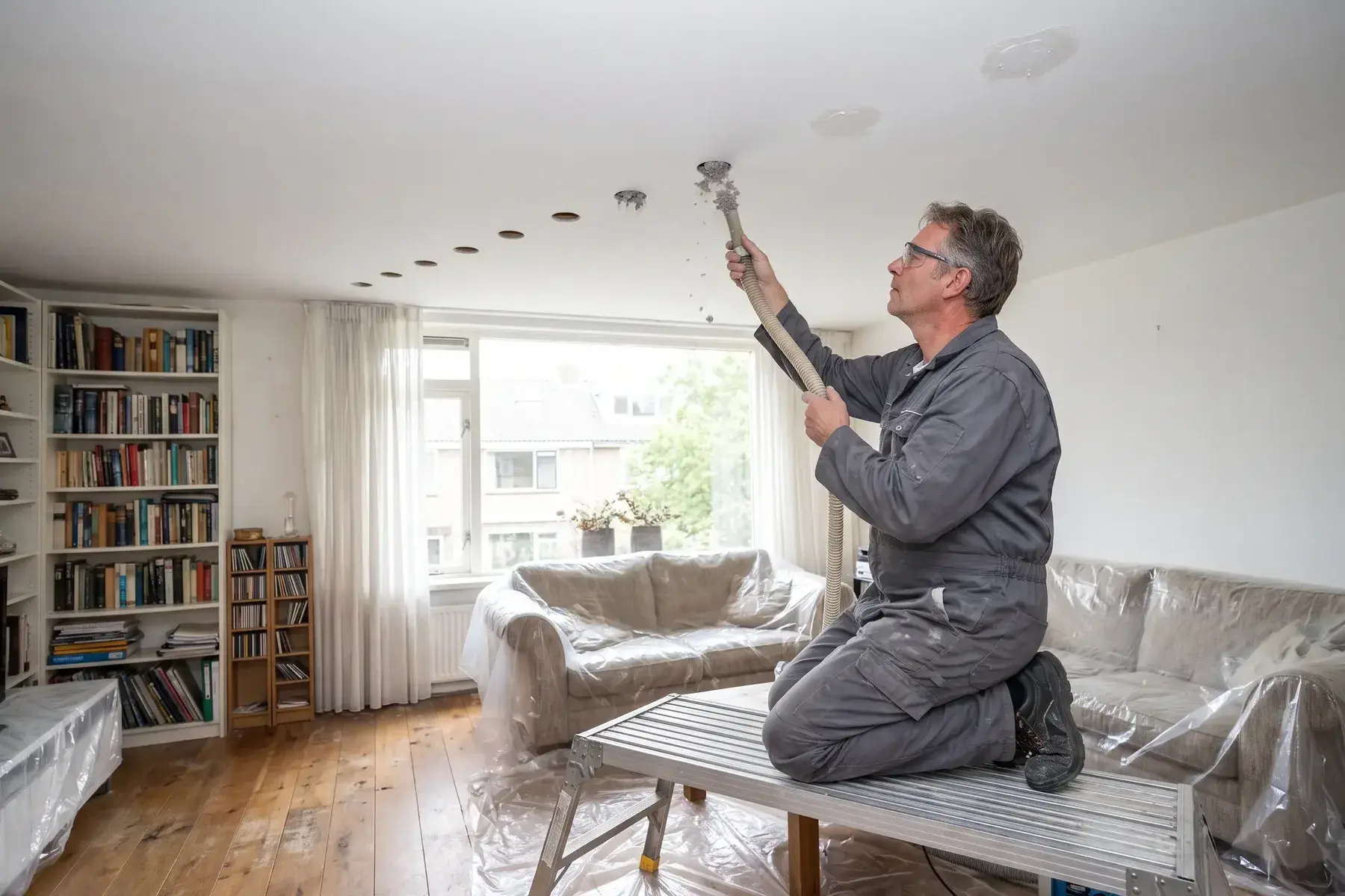 Cellulose wordt door een kleine opening in een hol plafond geblazen