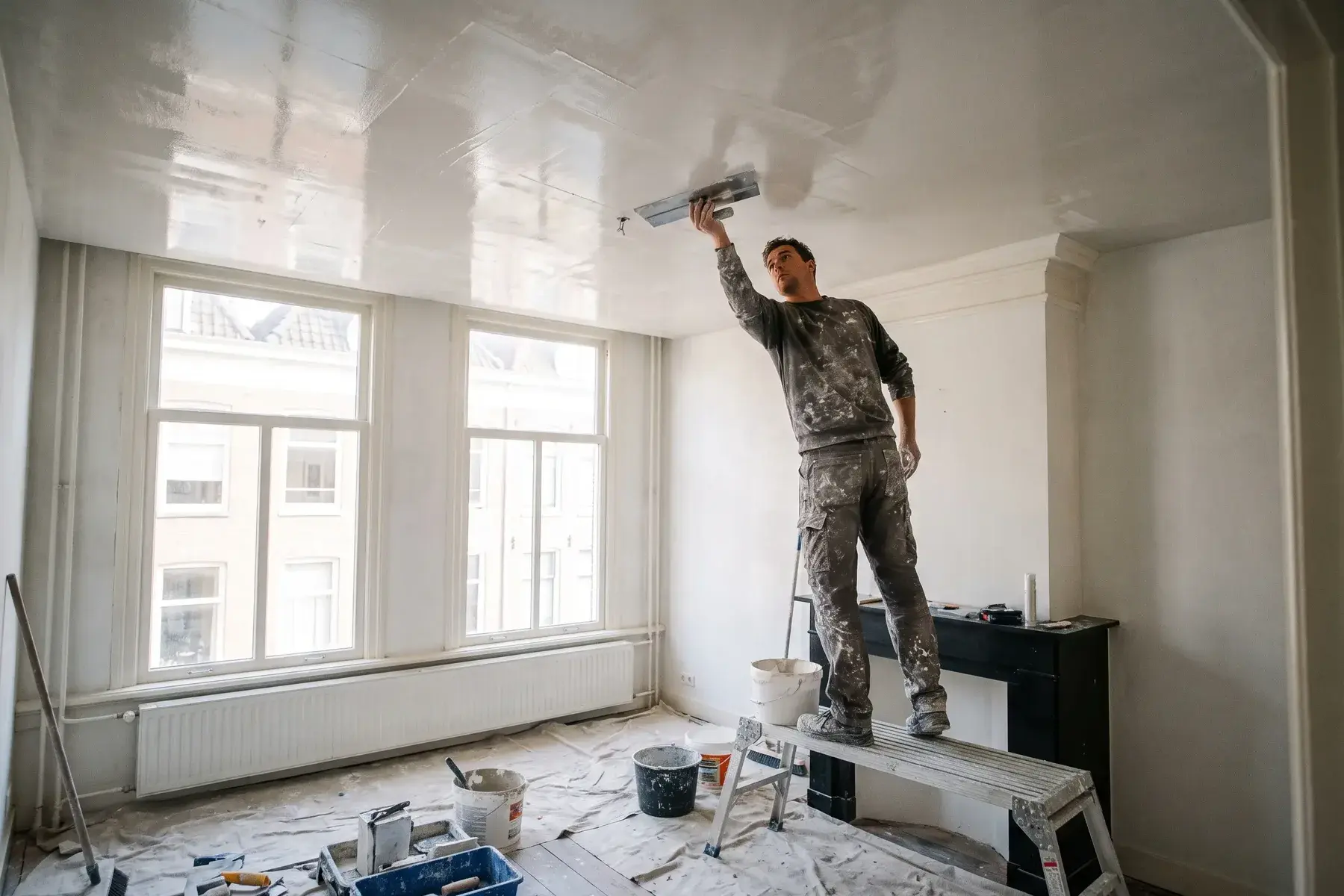 Stukadoor zet een nieuw plafond strak en luchtdicht af