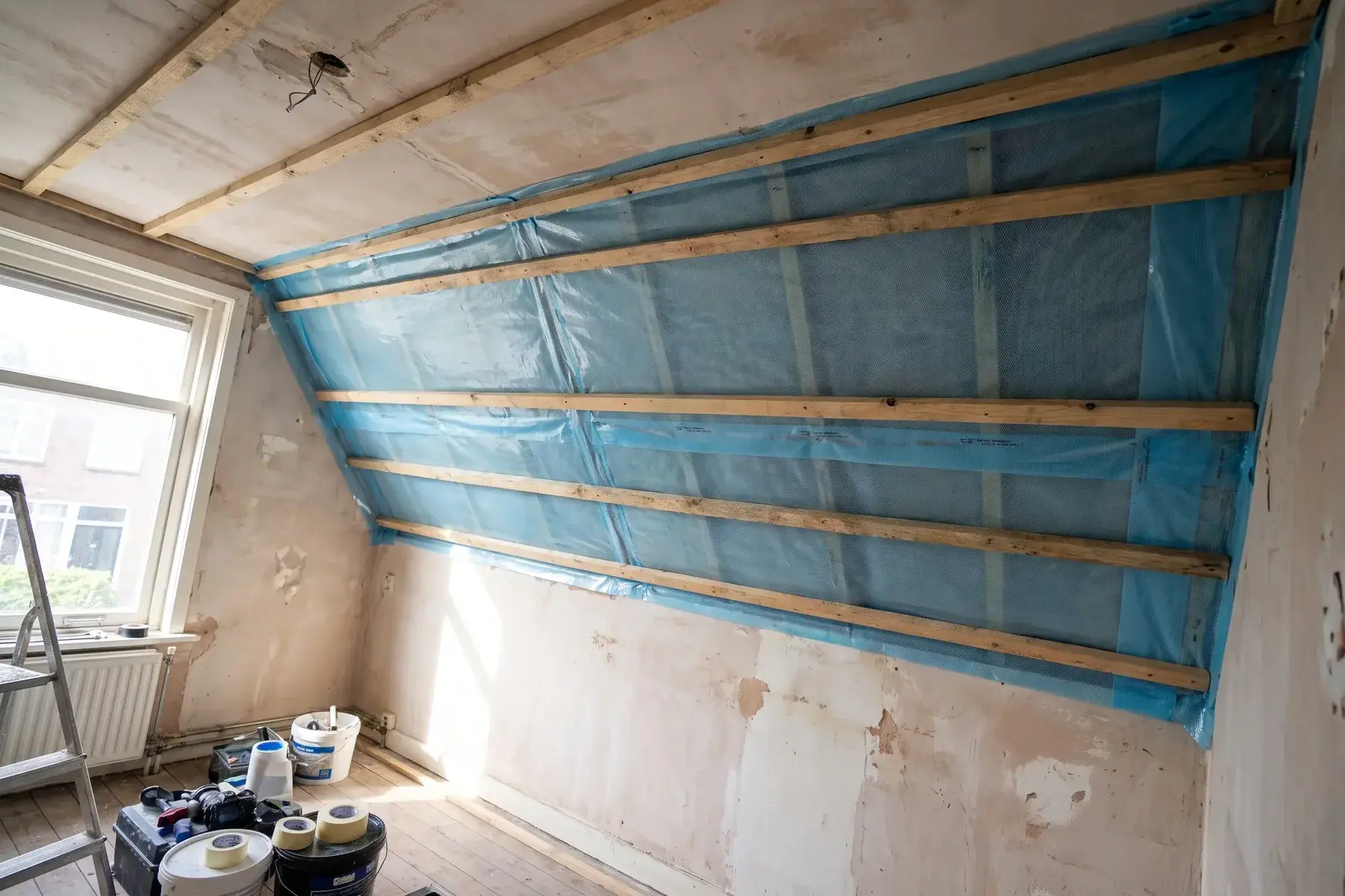 Nieuw regelwerk met dampremmende folie onder het plafond van een plat dak