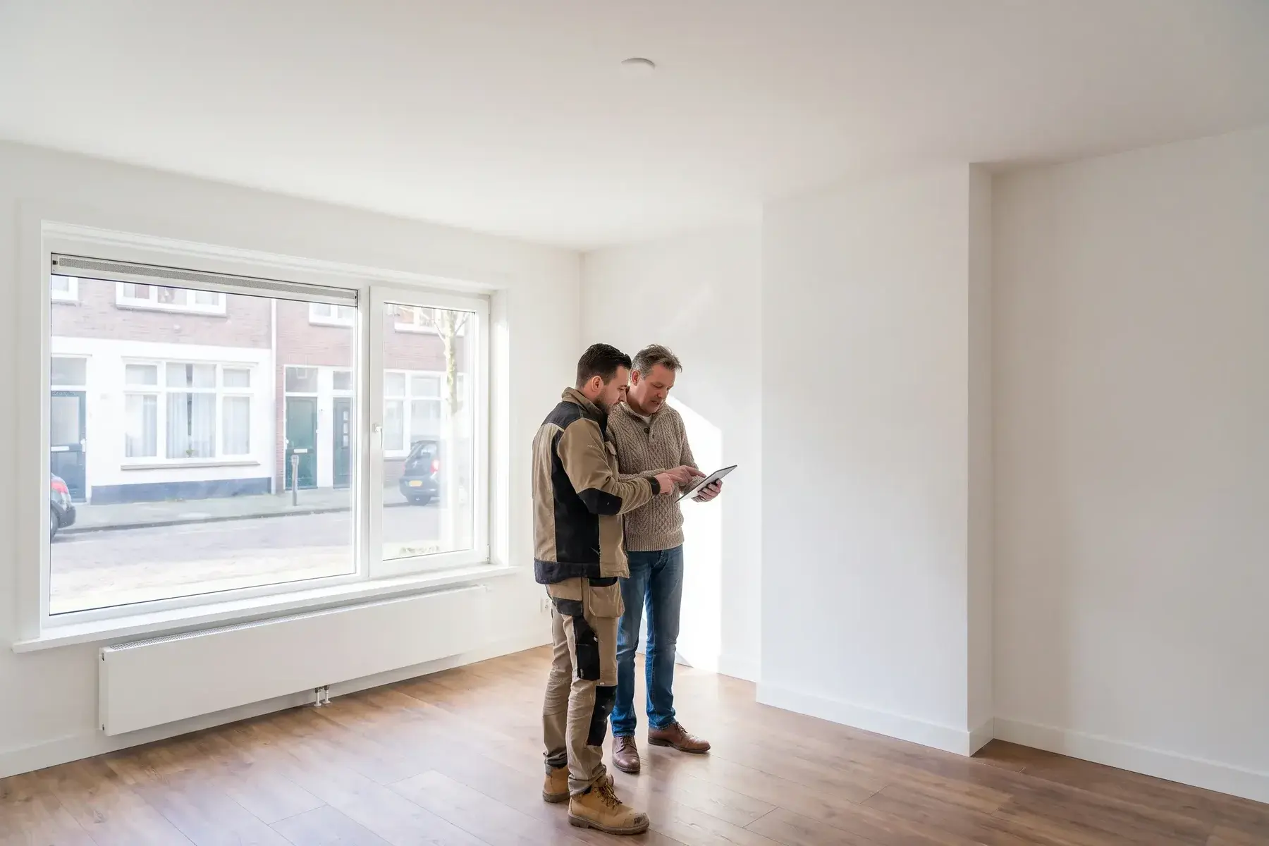 Eigenaar en uitvoerder bespreken de isolatie in een leeg, gerenoveerd appartement
